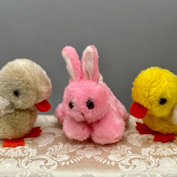 Kamar Easter Stuffed Plush Animals 3, Pink Bunny-Yellow Chick-Beige Duckling, small 3" to 3 1/2", made in Taiwan 1970s - 80s, well loved