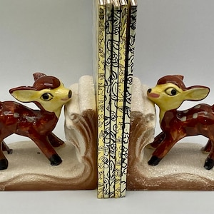 Spotted Fawn Bookends Ceramic 1950s Kitsch Baby Deer/Reindeer, 4&quot; x 4&quot; x 2 1/2&quot;, No Damage or Repairs, Very Sweet Bambi Like