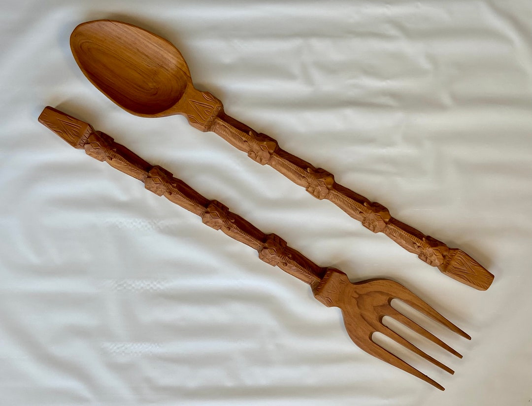 Extra Large Fork & Spoon Hand Carved Wood Elephant Design Etsy