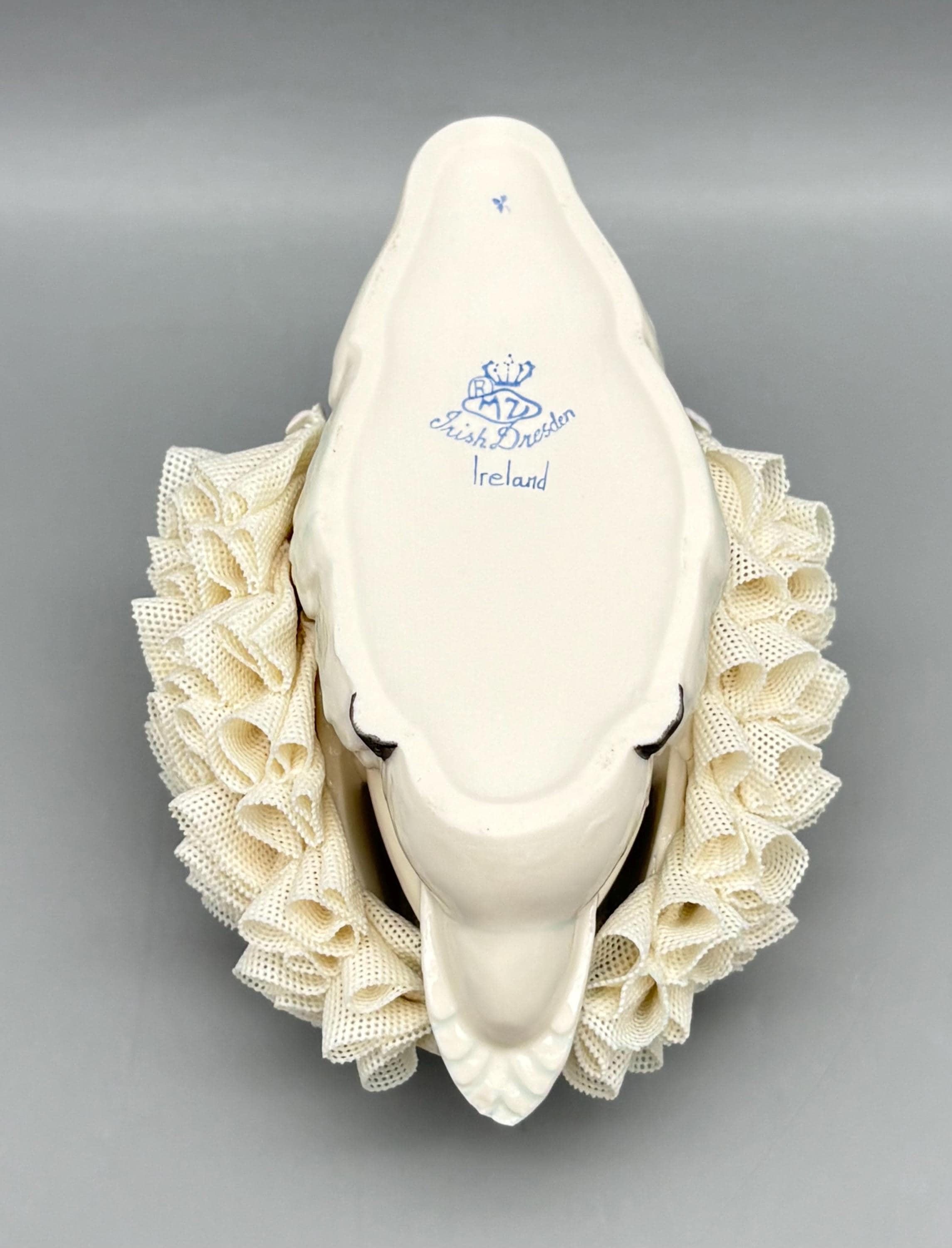 Vintage Irish Dresden Lace Porcelain Swan White With Multicolored