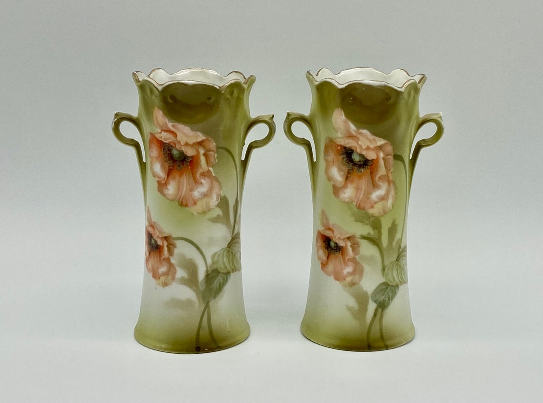 Antique German Porcelain Vases 2 a Matching Pair Double Handled Small