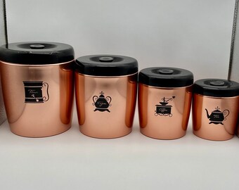 Vintage West Bend Copper Colored Aluminum Canister Set of 4, Black Painted Lids with Plastic Knobs, Iconic 1950s MCM Kitchen Storage