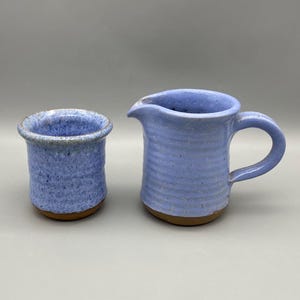 Vintage Signed Studio Pottery Light Blue Glazed Creamer/Mini Pitcher & Tumbler/Handless Mug, Stamped H, Boho Kitchen and Dining, No Damage