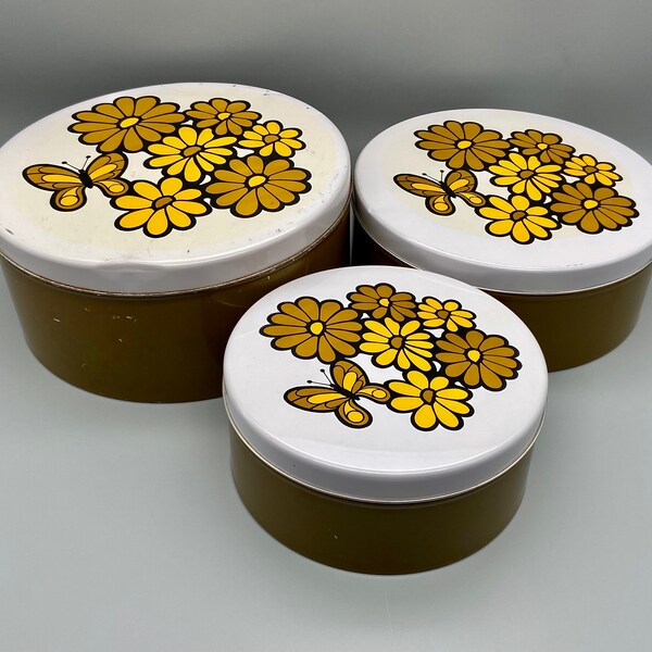 1960's Daisy Design Tin Canister Set of 3 Stacking, Harvest Gold Brown Daisy Butterfly Design Lids Olive Green Bases, Mid-Century Japan