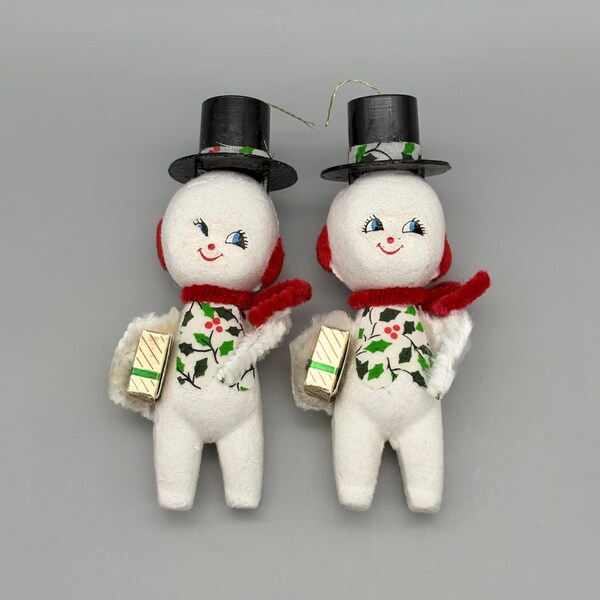 Vintage Spun Cotton Snowmen Ornaments set of 2 Adorable Mid-Century Kitsch Christmas
