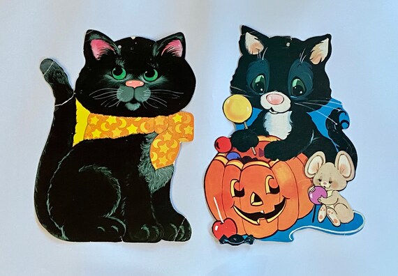 Vintage Halloween Double Sided Acrylic Charms - Set of 2 - Orange Witchy Cat