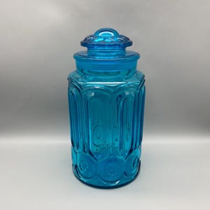 Vintage LE Smith Moon Stars Canister, Peacock Blue Glass Jar, 1960s