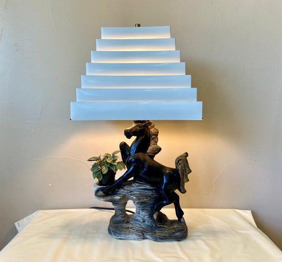 vintage 60s RIGHT ON 置物 ビンテージ ブラック 70s Mid-century Chalkware Horse Lamp: Black & Gold Plant Holder With