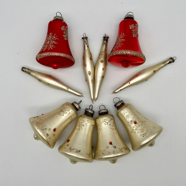 Mercury Glass and Mica 1950s West German Christmas Ornaments set of 10, 4 Ivory Bells, 2 Red Bells, 4 Ivory Icicles, no chips/cracks