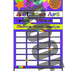 Op de afbeelding: Een kleurrijk bord voor een cursus gezichtschilderen en glitterkunst. Het bord heeft een raster met vierkanten waar klanten hun ontwerp uit kunnen kiezen. Het bord bevat ook de tekst "Opent", "Sluit", "Kies uw ontwerp", "Gezichtschilderen", "& Glitterkunst" en andere informatie over de cursus.