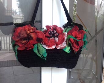 Crochet Bag with felted flowers/Bohemian Purse/Unique Bag/Wool bag, shoulder bags, bag poppies,