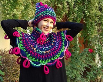 Christmas Gift Crochet SET :Hat with cat ears and  Cape/Unique GIFT winter set /Boho hat/ unique hat and mini poncho/Winter Streetstyle