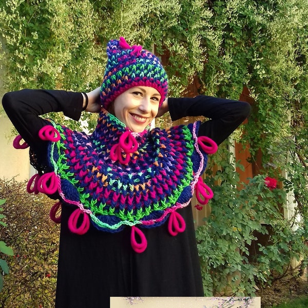 Coffret au crochet cadeau de Noël :Chapeau avec oreilles de chat et Cape/Cadeau unique set d’hiver /Chapeau Boho/ chapeau unique et mini poncho/Streetstyle d’hiver