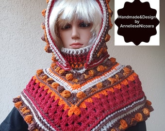 Crochet Hooded  Mini Poncho with Collar/Hood ,Collar and Cape all in one/Bandana with hood/ Winter Cowl /Hood /Vibrant colors/