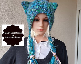 Kittie Hat Blue-green/ knitted cat ear HAT /Cat Ear Cozy Beanie with Charming Ties /Winter hat