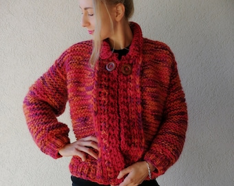 Knitted Wool Jacket/Women's Bomber/Hand knit sweater for women/Slouchy wool cardigan/Red wool sweater