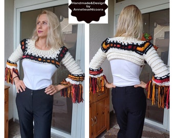 Crochet White ,black and red-yellow Shrug Top, Long Sleeve Shrug Bolero,  Aesthetic Jumper, Y2K Crochet Crop Top, Grunge Crop Sweater