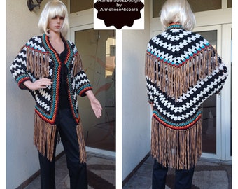 Crochet Wrap-Jacket/Jacket with fringes/Summer poncho /Shawl /Black and white ,beige and red/Bo-ho  /hippie cardigan/Caw girl jacket/Size S