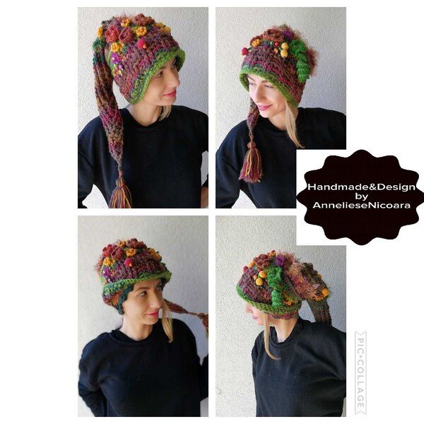 Pixie Hat /Crochet hat with long tail/Fairy Tales Hat/Elf Hat with flowers/adult size ,long 78cm