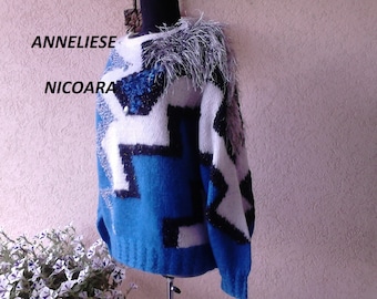 Hand knit Women Pullover ,jumper ,Handknitted/One -Off-Design/Long sleeve in blue ,white and black /vintage design