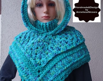 Crochet Hooded mini poncho with cowl/Hooded scarf with collar /Warm for winter/Gift for her