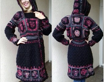 Crochet Winter Coat/Wool Hooded Cardigan/Black ,gray and  pink shadows wool crocheted Coat with hood