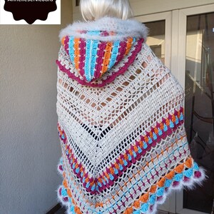 PONCHO met capuchon/gehaakte poncho met capuchon/wit, roze, oranje en blauwe wollen poncho/cadeau voor haar/3 seizoenen poncho afbeelding 8