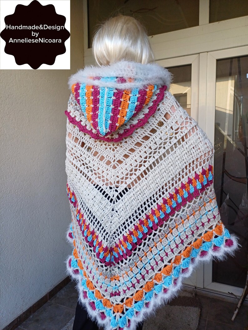 PONCHO met capuchon/gehaakte poncho met capuchon/wit, roze, oranje en blauwe wollen poncho/cadeau voor haar/3 seizoenen poncho afbeelding 8