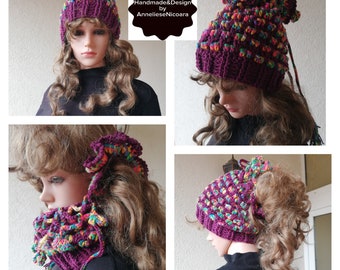 Messy Bun Beanie/2 in 1:Pony Tail Hat and Neckwarmer /Winter Hat /Hat or neckwarmer/Unique design HAT/Women'as HAT
