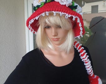 CROCHET mushroom hood with long tail/Pixie hat in red and white with crochet flowers /Halloween hat/Gift for her /Bohemian hat