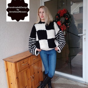 Black and White Square Knitted Sweater/ Chunky Knit Pullover, y2k Checkered Square Sweater   Black and White Jumper/Gift for Her/