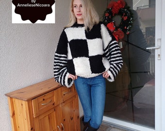 Black and White Square Knitted Sweater/ Chunky Knit Pullover, y2k Checkered Square Sweater   Black and White Jumper/Gift for Her/