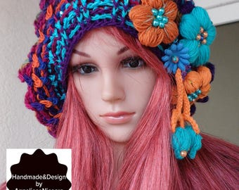 Premium Slouchy Beret/Hand crochet Bohemian Beret/Luxury French Beret/ with  3D flowers/Women's Unique Beret