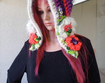 Original ad Unique Hood Design/Pixie Hat-hood/Bohemian crochet Hood/gift for her/Wool Hat