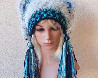 Bohemian winter hat/Crochet  hat with crown and fringes/Gift for her/Unique