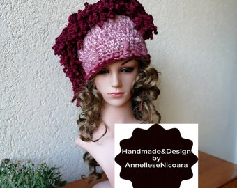 Crochet Hat/Bohemian Original Design Hat/Winter Hat with fringes / Women Topper Hat/Pink wool Hat/Great gifts