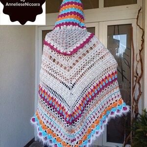 PONCHO met capuchon/gehaakte poncho met capuchon/wit, roze, oranje en blauwe wollen poncho/cadeau voor haar/3 seizoenen poncho afbeelding 6