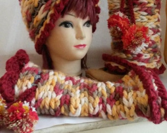 Hand crocheted SET Headband & Leg Warmers/Wool Winter Set in burgundy ,yellow and white/Warm ,Cozy and soft