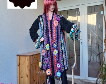 Cardigan pour femme crocheté à la main, taille M - XL/veste unique bohème/coloré, confortable, manteau de printemps/coloré