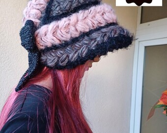 Crochet mohair hat with removable bow /beautiful and unique period bonnet/Jane Eyre inspiration BONNET/Elegant women hat /Christmas gift