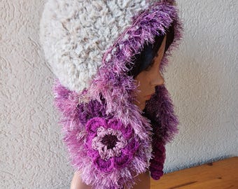 Crochet Adult Earflap Hat/Fluffy and soft ,warm and unique hat with long earflaps with crocheted flowers/Bohemian hat/Gift for her