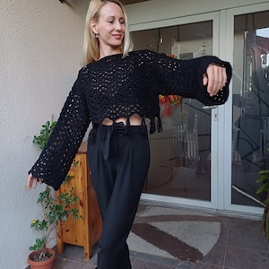 Black Y2K Moss Crochet Bolero Shrug Arm Sleeve/ Knitted Crop Top Hollow out Fishnet Jumper Shrug Sweater Designer