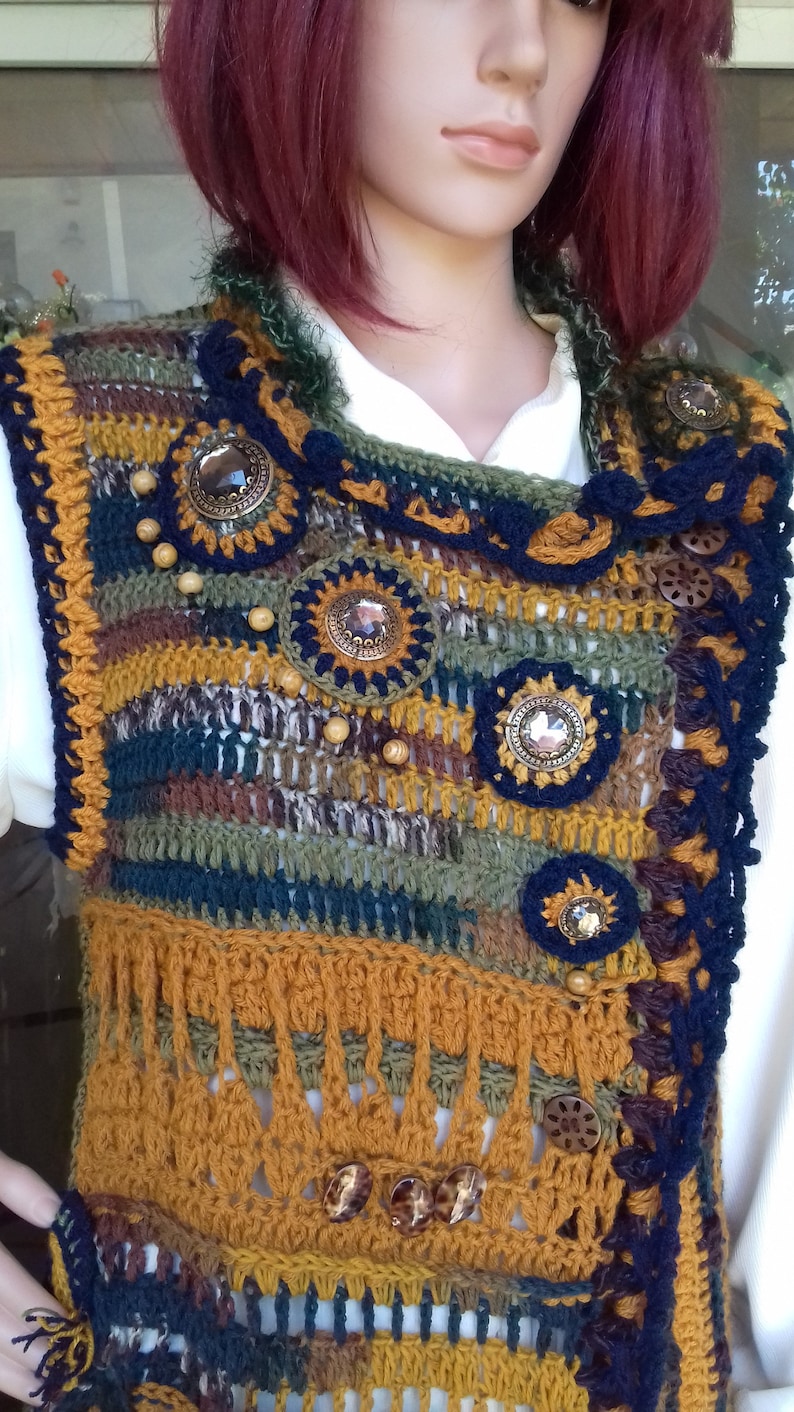 Crochet Chic Vest TunicBohemian sleevless JacketPatchwork Crochet Freestyle Asymmetric Boho Chic Vest with applications-unique design