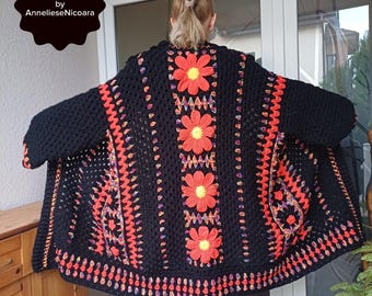Crochet Cardigan/Crochet coat with flowers/Gift for her/Plus size cardigan/Wool cardigan