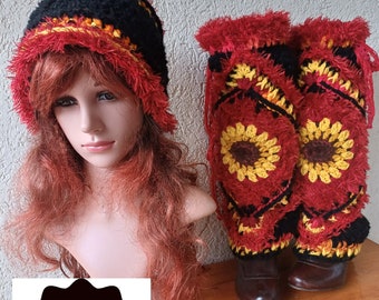 Crochet SET: Leg warmers and HAT/Red ,black and yellow leg warmers and beanie/bohemian/gift for her