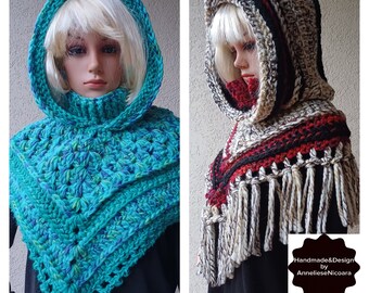 PDF PATTERN for  Hooded mini poncho with cowl/Crochet hooded scarf with collar/Medium difficulty