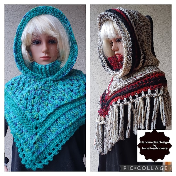 MODÈLE PDF pour mini poncho à capuche avec col/Écharpe à capuche au crochet avec col/Difficulté moyenne