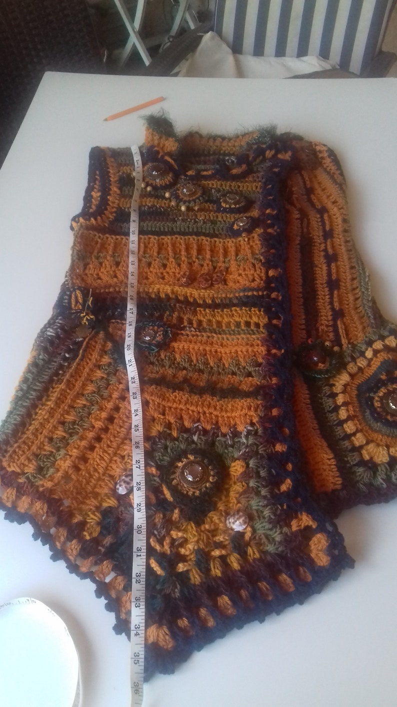 Crochet Chic Vest TunicBohemian sleevless JacketPatchwork Crochet Freestyle Asymmetric Boho Chic Vest with applications-unique design