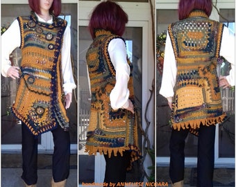 20% discount  /Bohemian crochet Vest, Unique Patchwork Tunic/Gift for her/Freestyle and asymmetric Sleevless cardigan