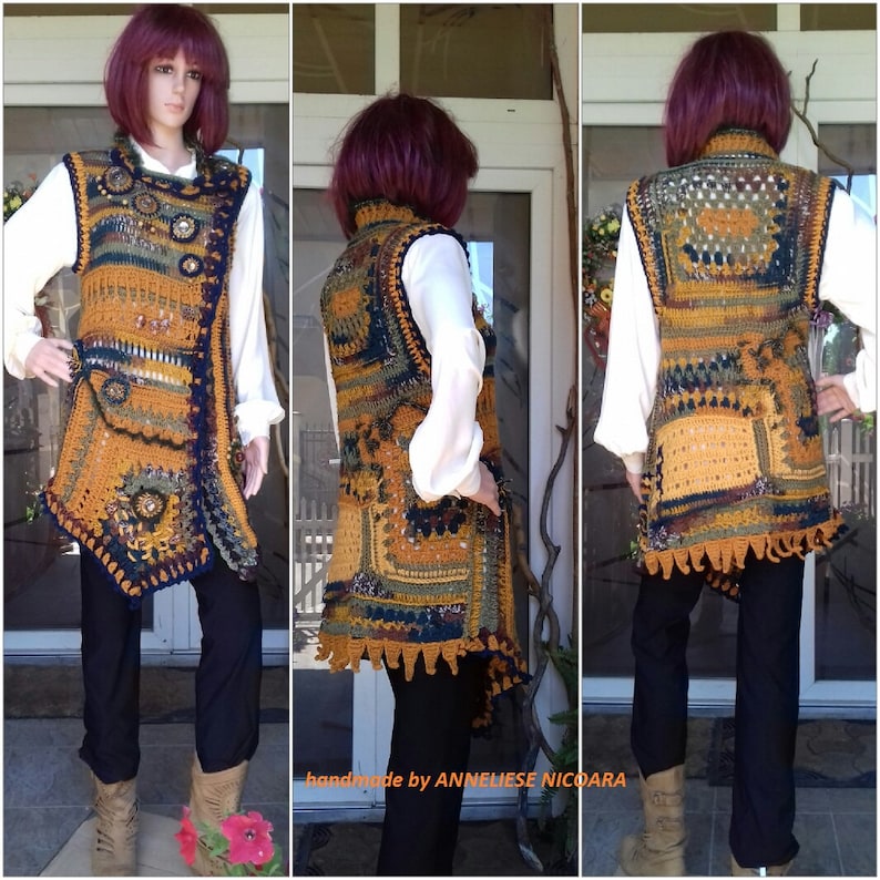 Crochet Chic Vest TunicBohemian sleevless JacketPatchwork Crochet Freestyle Asymmetric Boho Chic Vest with applications-unique design